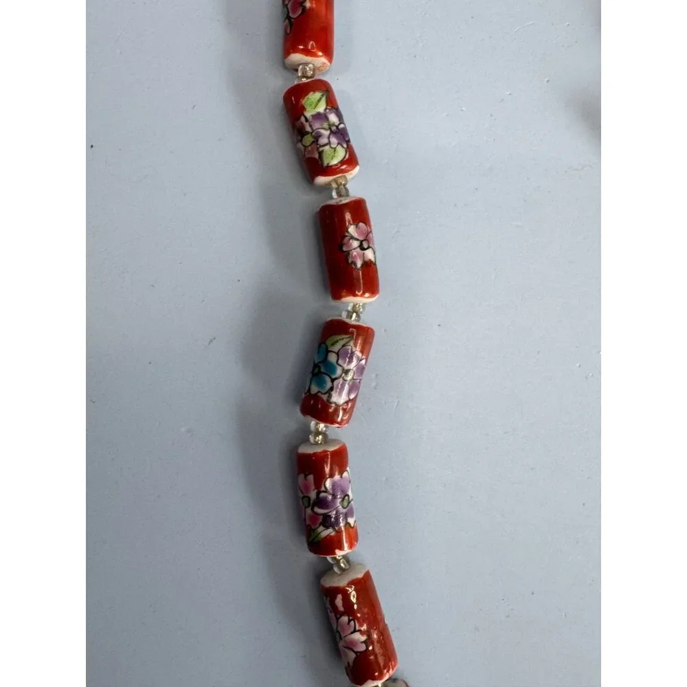 Vintage Chinese Cloisonne Floral Glass Bead Necklace With Barrel Clasp 22" Red M - Picture 6 of 9